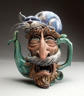 Face Jug Allergy Cat Teapot Folk Art Pottery sculpture by Mitchell Grafton 2
