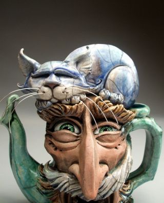 Face Jug Allergy Cat Teapot Folk Art Pottery sculpture by Mitchell Grafton 4