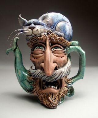 Face Jug Allergy Cat Teapot Folk Art Pottery sculpture by Mitchell Grafton 5