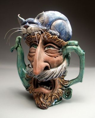 Face Jug Allergy Cat Teapot Folk Art Pottery sculpture by Mitchell Grafton 6