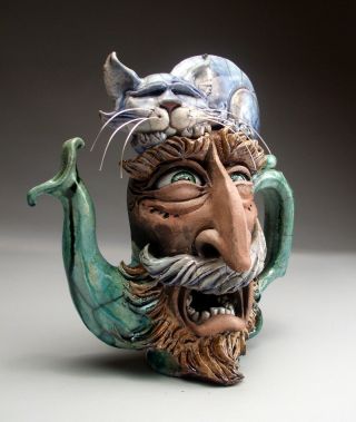 Face Jug Allergy Cat Teapot Folk Art Pottery sculpture by Mitchell Grafton 7