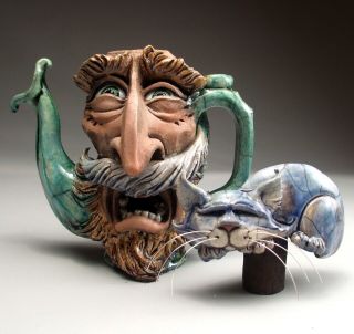 Face Jug Allergy Cat Teapot Folk Art Pottery sculpture by Mitchell Grafton 8