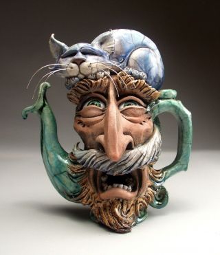 Face Jug Allergy Cat Teapot Folk Art Pottery sculpture by Mitchell Grafton 9