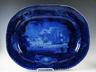 Antique American Historic Dark Blue Staffordshire Platter With Ships,  Shell Brd.