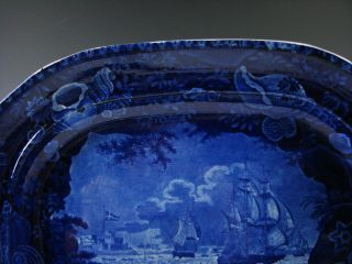 Antique American Historic Dark Blue Staffordshire Platter with Ships,  Shell Brd. 3