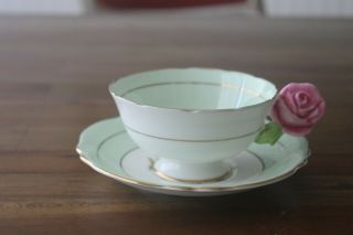 Paragon Cabbage Rose Handle Green Gold Teacup Tea Cup Saucer Flower Center 2