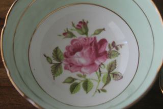 Paragon Cabbage Rose Handle Green Gold Teacup Tea Cup Saucer Flower Center 5