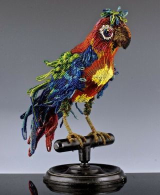 V.  Rare C1920 Art Deco Czech Glass Beaded Parrot On Perch Bird Figural Table Lamp