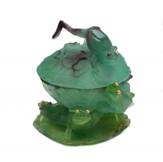 Whimsical Pate De Verre Covered Bowl With Frogs By Daum Nancy