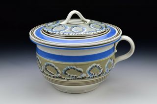 Banded Mochaware Covered Chamber Pot With Looping Earthworm Decoration