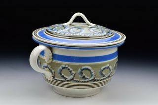 Banded Mochaware Covered Chamber Pot with Looping Earthworm Decoration 3