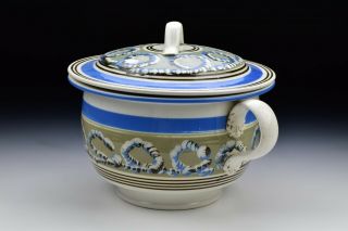 Banded Mochaware Covered Chamber Pot with Looping Earthworm Decoration 4