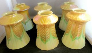 Six Gorgeous Matching Pulled Feather Iridescent Quezal Art Glass Lamp Shades