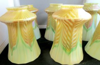 SIX GORGEOUS MATCHING PULLED FEATHER IRIDESCENT QUEZAL ART GLASS LAMP SHADES 2