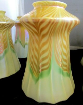 SIX GORGEOUS MATCHING PULLED FEATHER IRIDESCENT QUEZAL ART GLASS LAMP SHADES 3