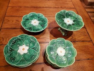 Antique Majolica By Joseph Holdcroft - Green Water Lily C.  1870 Plates & Cake Stand