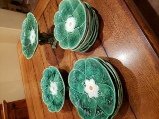 Antique Majolica by Joseph Holdcroft - Green Water Lily c.  1870 plates & cake stand 3