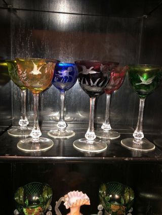 Six MOSER CRYSTAL BIRDS OF THE WILD WINE HOCK GLASSES 10
