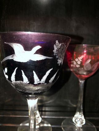 Six MOSER CRYSTAL BIRDS OF THE WILD WINE HOCK GLASSES 6