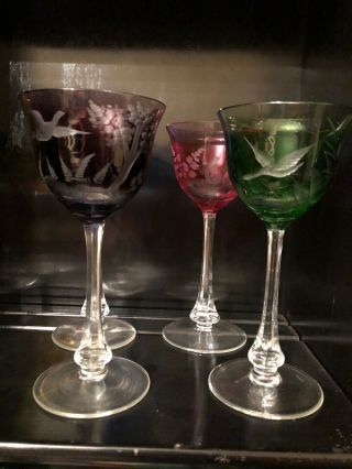 Six MOSER CRYSTAL BIRDS OF THE WILD WINE HOCK GLASSES 9