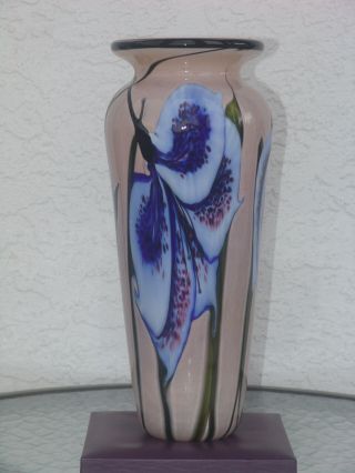 Authentic Stuart Abelman Signed blue lily vase 1997 large RARE 2