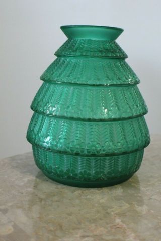1929 R.  Lalique France Green Glass Ferrières Vase