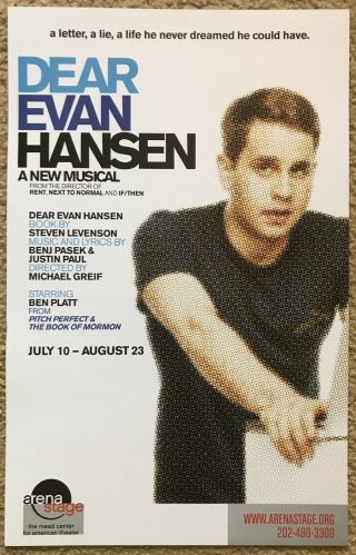 Dear Evan Hansen Pre - Broadway Window Card Poster Ben Platt Arena Stage