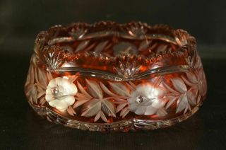 Vintage Bohemian Czech Crystal Bowl Vase Cut To Clear Red.