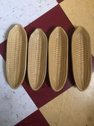4 Antique Stoneware Yellow Ware Corn On The Cob Holder Dish