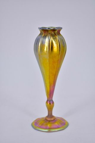 L C T Louis Comfort Tiffany Favrile Floriform Iridescent Gold Glass Vase Signed 2