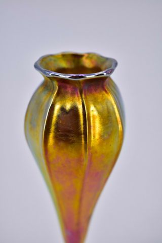 L C T Louis Comfort Tiffany Favrile Floriform Iridescent Gold Glass Vase Signed 3