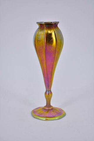 L C T Louis Comfort Tiffany Favrile Floriform Iridescent Gold Glass Vase Signed 5