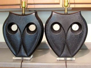 Vtg Pair Ultra Modern Black & Gray Speckled Haeger Art Deco Pottery Owl Lamps