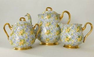 Rare Vintage Shelley Primrose Chintz Gold Trim 3 - Piece Tea Set