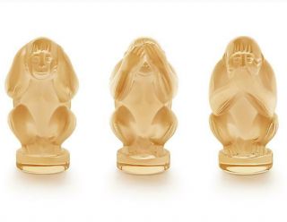 Lalique Wisdom,  Three Wise Monkeys Set Gold Luster Crystal 10490500