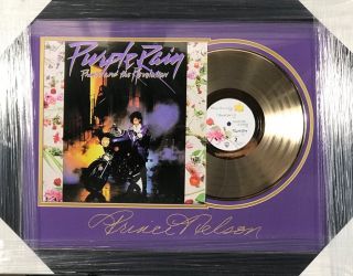 Prince Laser Engraved Signature With Vinyl Purple Rain Album & Gold Record