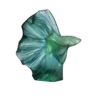 Lalique Fighting Fish Small Sculpture Green Blue Patinated Crystal 10672700