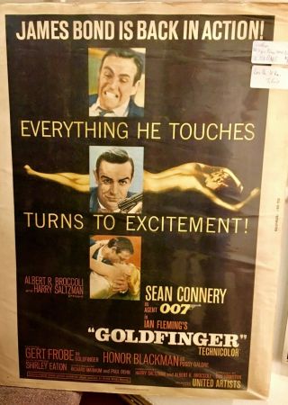 1964 Release 30x40 Poster Goldfinger James Bond Sean Connery Rare