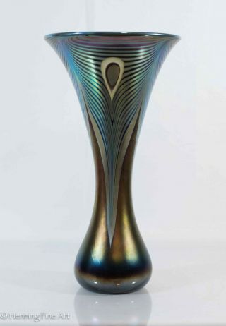 Stunning Stuart Abelman Peacock Eye Pulled Feather Large Art Glass Vase 14 1/2