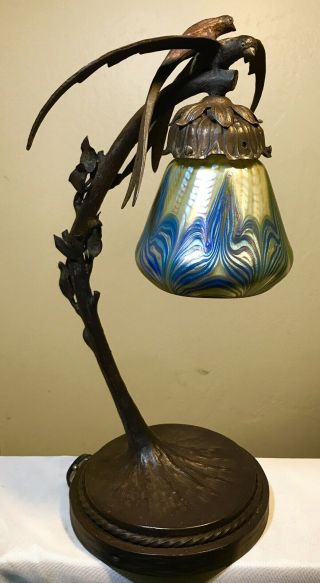Vintage Bird Desk Lamp With Antique Loetz Art Glass Shade