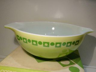 RARE Vintage Pyrex Green Polka Dot & Squares Salad Bowl w/Fork & Spoon W/Box 4