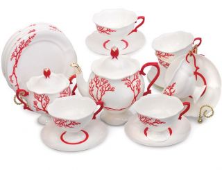 Russian Imperial Lomonosov Porcelain Coral Tea Set Service 20 Pc Authentic