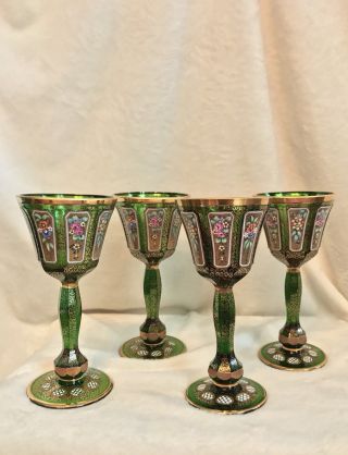 Egermann Moser Historical Paneled Enamel Painted - Green - Set Of 4 Wine Glasses