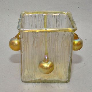 Antique Loetz Gold & Green Iridescent Square Art Glass Vase 5 " W/ Cherries Motif
