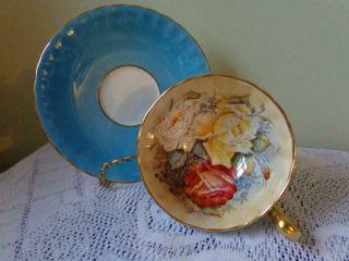 Vintage Aynsley Turquoise Blue Large Red,  Yellow,  White Roses Footed Cup & Saucer