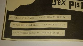 SEX PISTOLS GIG FLYER for 1976 15th Nov.  Notre Dame Hall Leicester Sq.  London 2