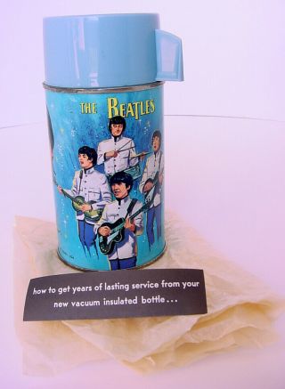 1964 Aladdin Beatles Lunch Box Thermos W Wrapper & Card Old Store Stock
