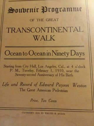 Rare 1910 Souvenir Program Transcontinental Walk Edward Weston