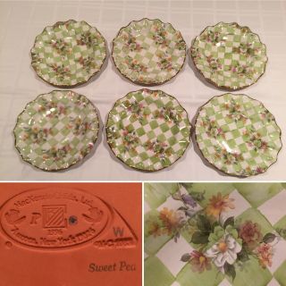 Set Of 6 Mackenzie - Childs Green Honeymoon Check Sweet Pea Ruffled Dinner Plates
