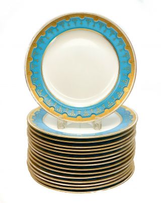 16 Minton England Porcelain Blue & Gilt Dinner Plates,  1873